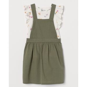 H&M Girls Khaki Green Jumper Dress & Floral Butterfly Shirt Outfit Size 6x